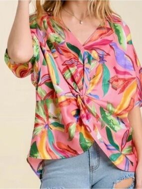 Umgee Pink Tropical Twist-Front V-Neck Blouse